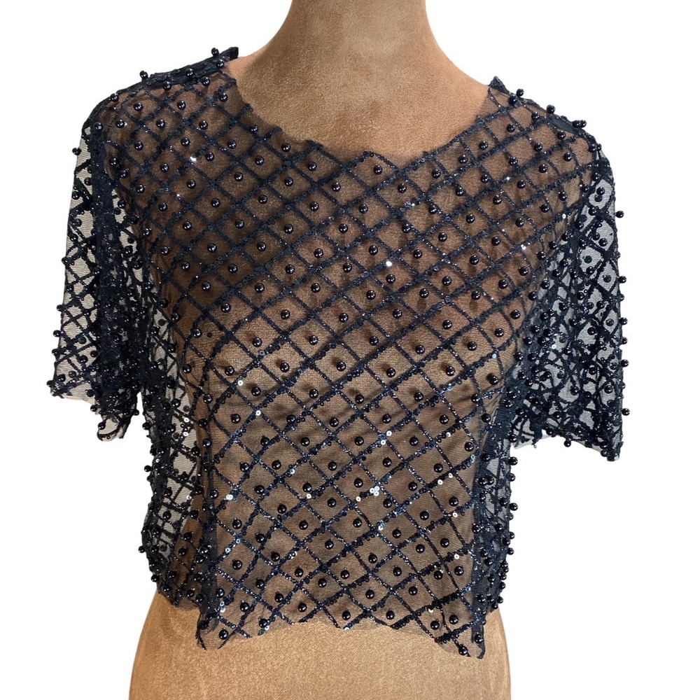 Julia by Love J Black Mesh Sequin Pearl Embellished Crop Top Sheer M Festivak‎